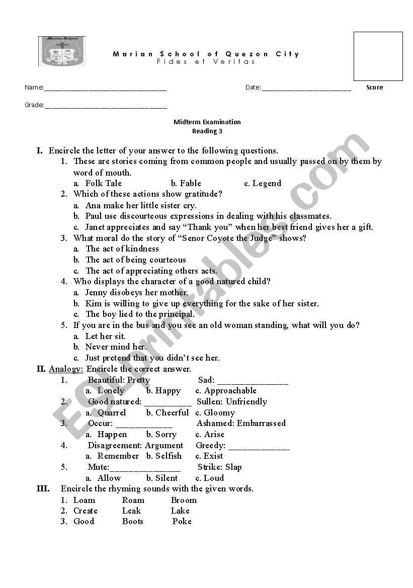 reading worksheet