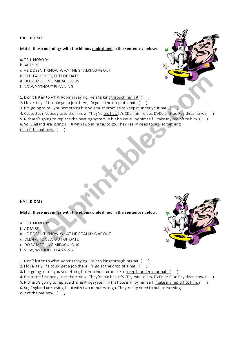 Idioms with the word HAT worksheet
