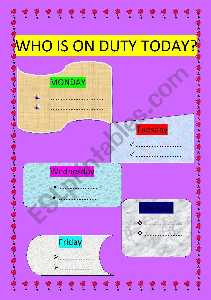 Who is on duty today? worksheet