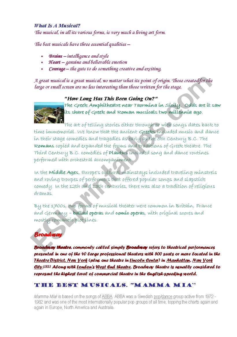 History of Musical worksheet