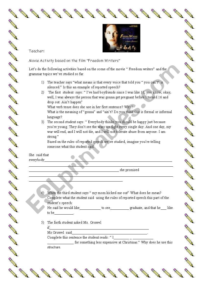 Movie Freedom writers worksheet