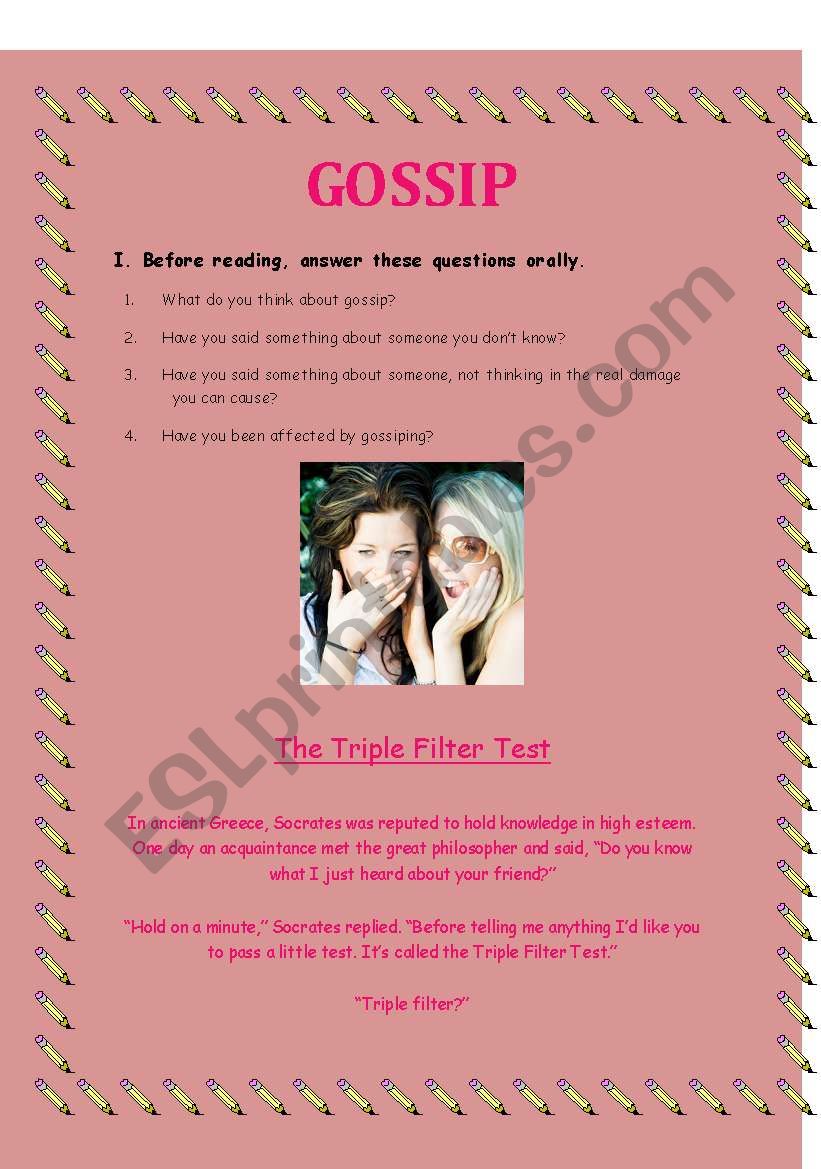 Reading Activity about Gossip worksheet
