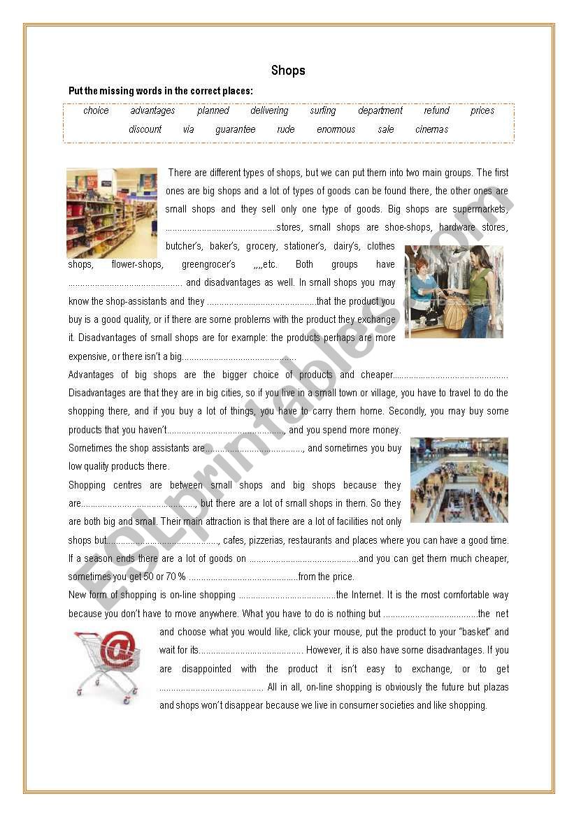 shops worksheet