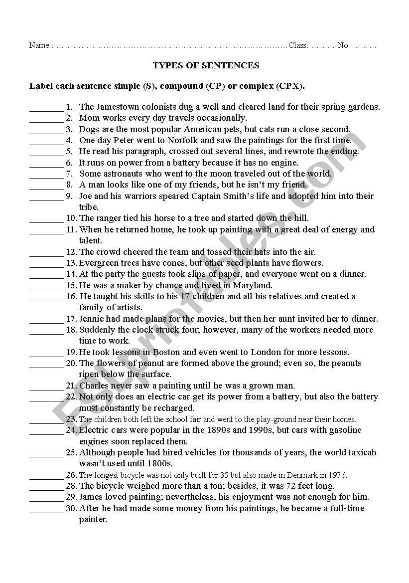 type of sentence worksheet