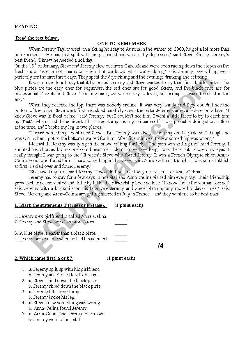 pre-intermediate test worksheet