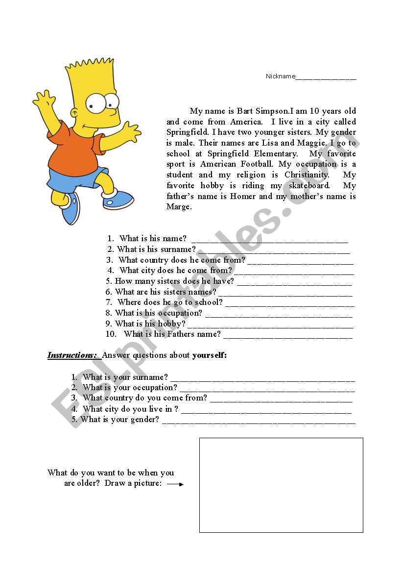 Reading Exercise with Personal Information.  Bart Simpson