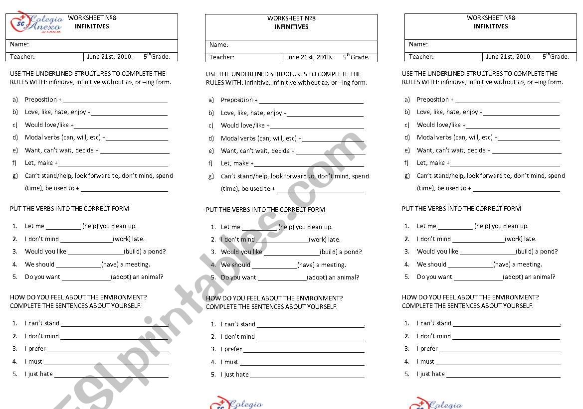 Infinitives Worksheet worksheet