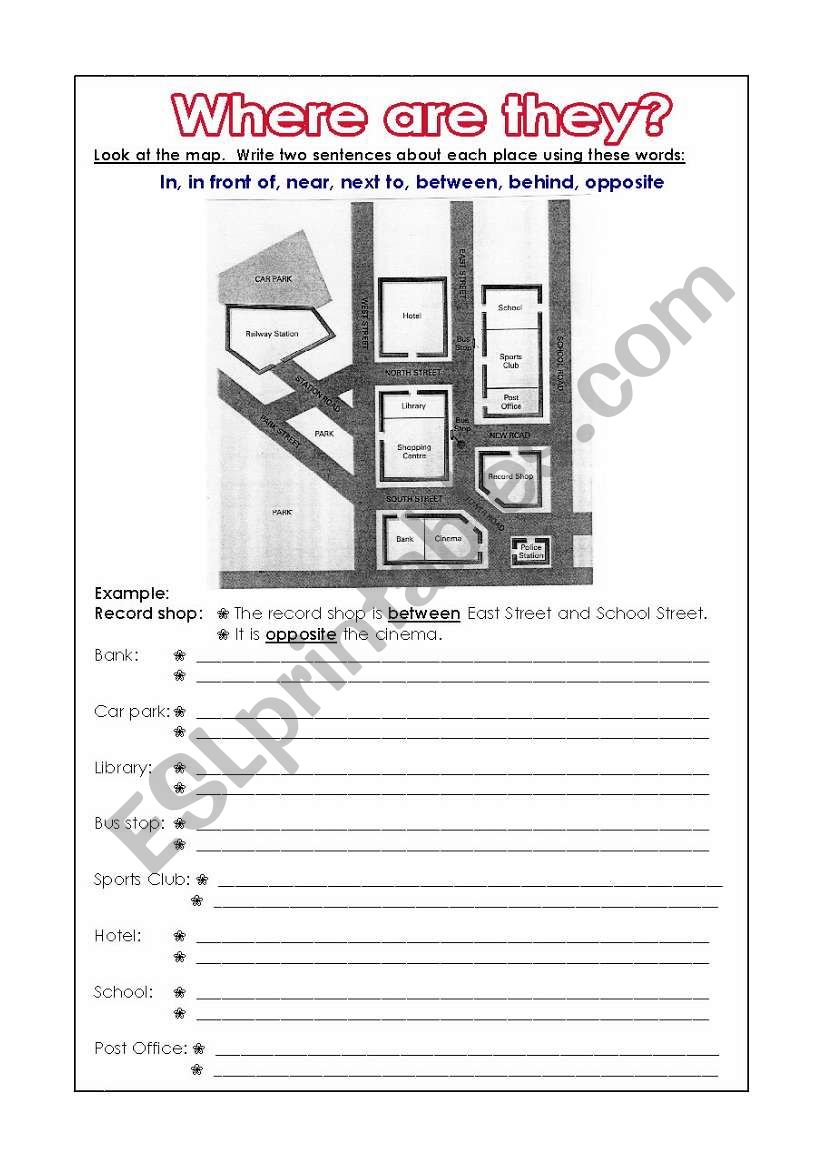 Prepositions Directions worksheet