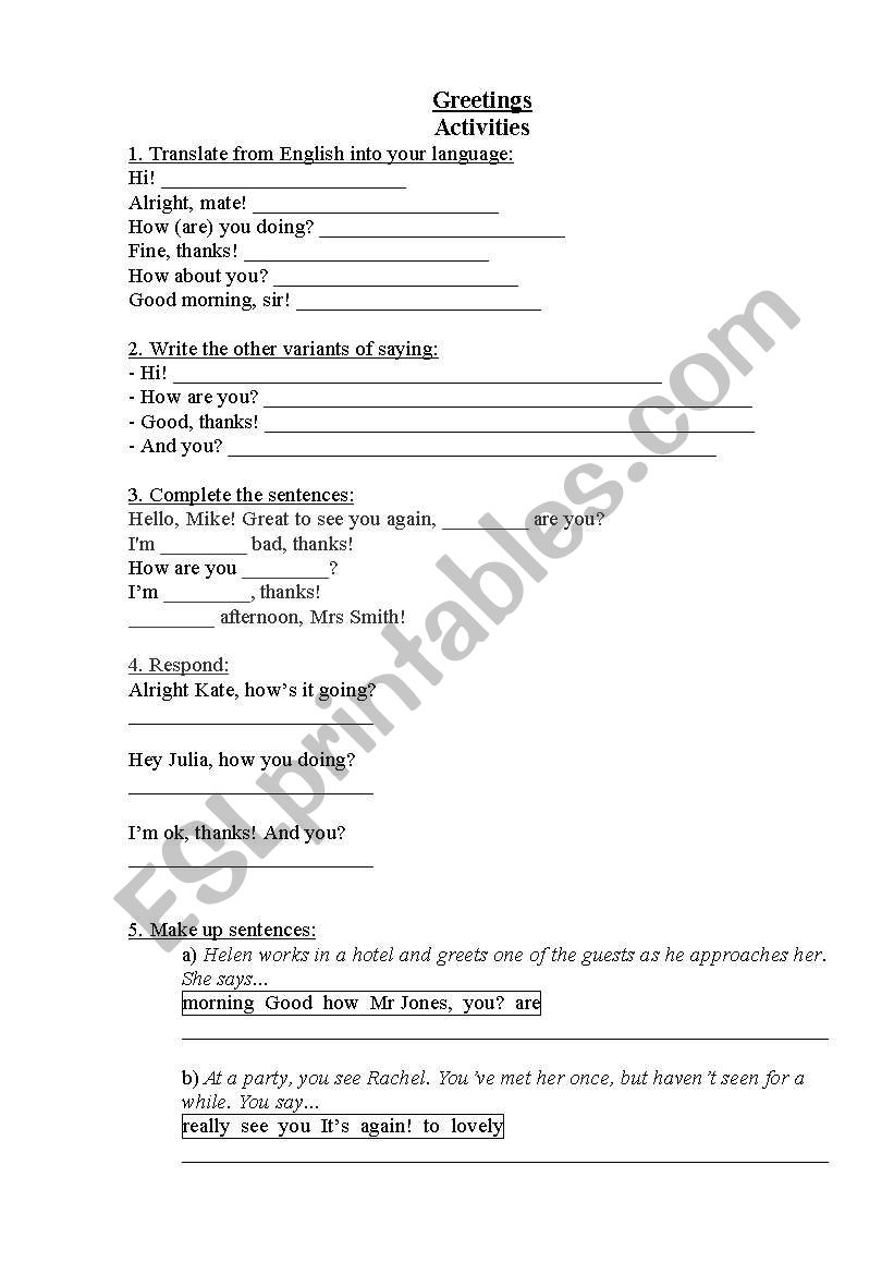 Greetings. Activities worksheet