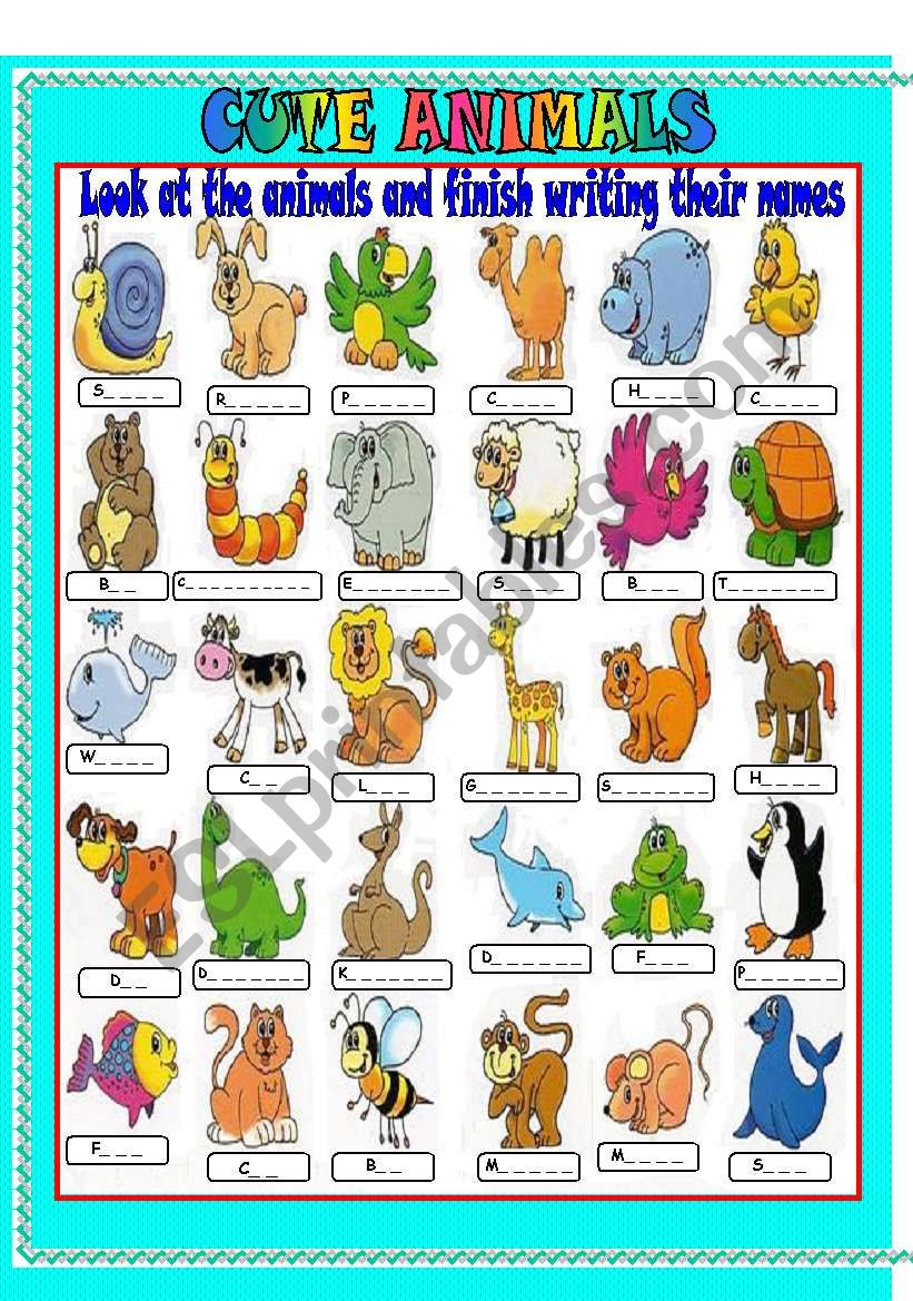 cute animals- write the names of the animals - ESL worksheet by lagringa