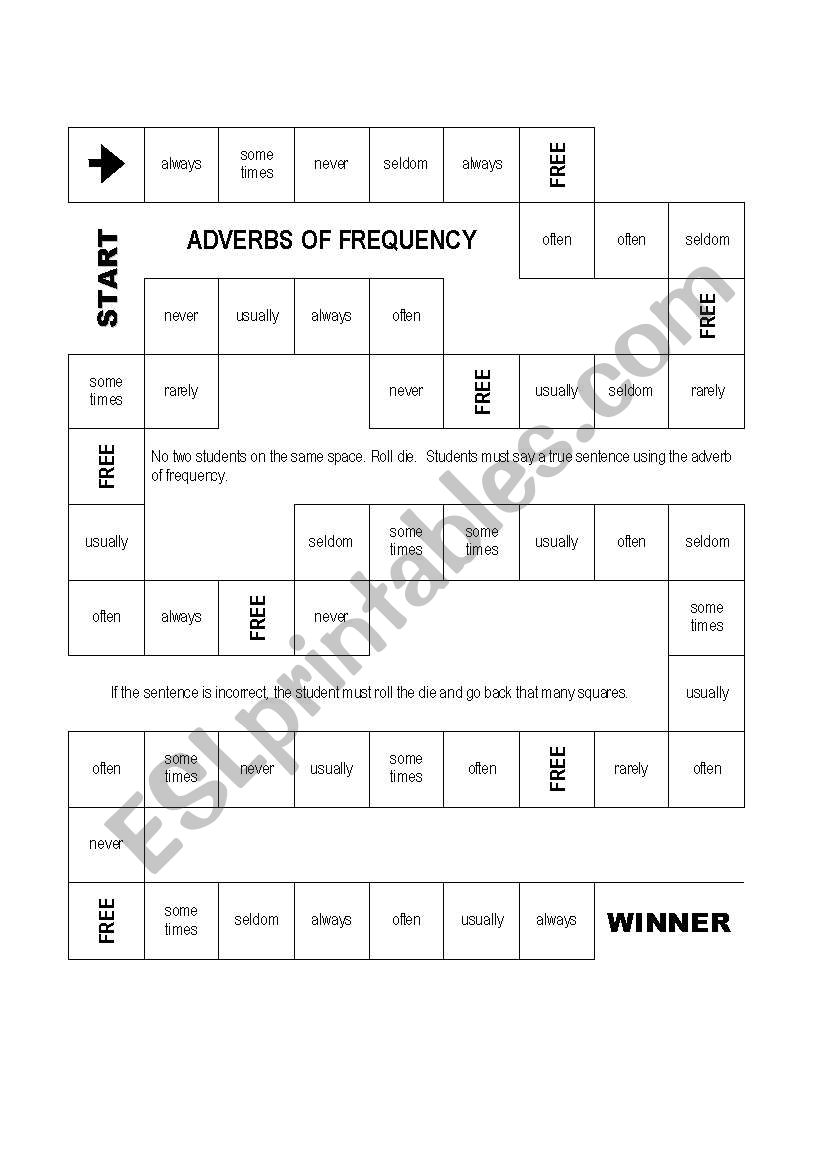 Frequency adverbs board game worksheet