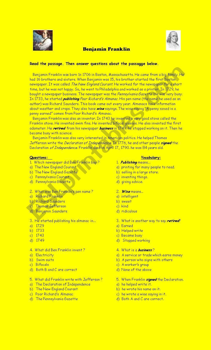 Benjamin Franklin worksheet