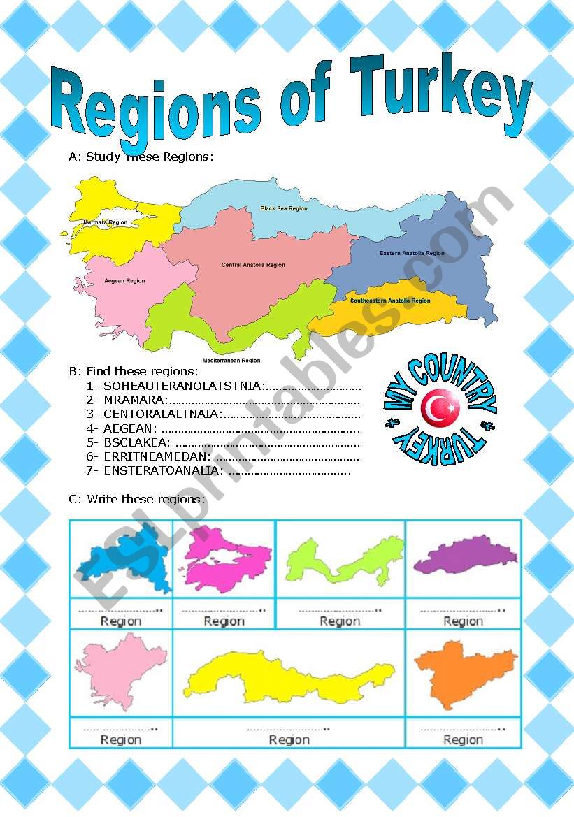 REGIONS OF TURKEY (1/2) worksheet