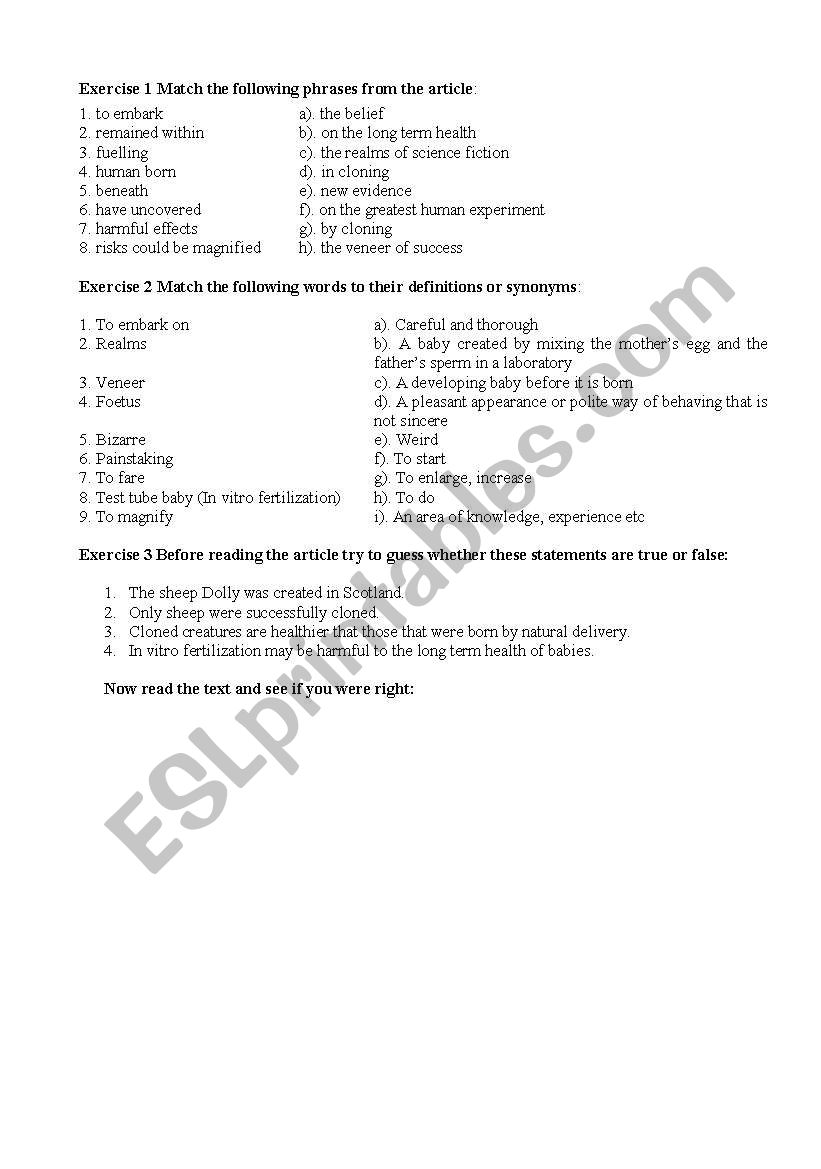 Human Cloning  worksheet