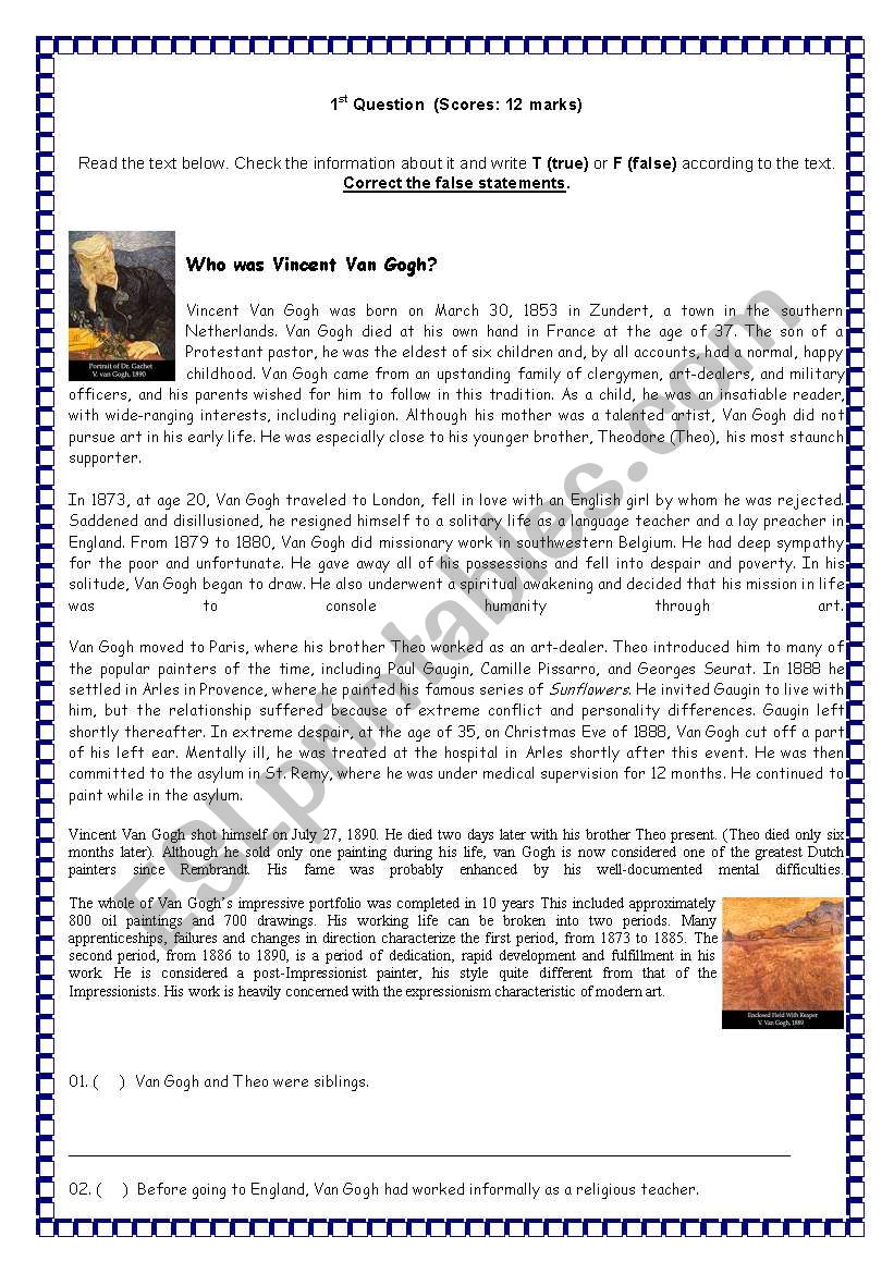 van gogh test worksheet