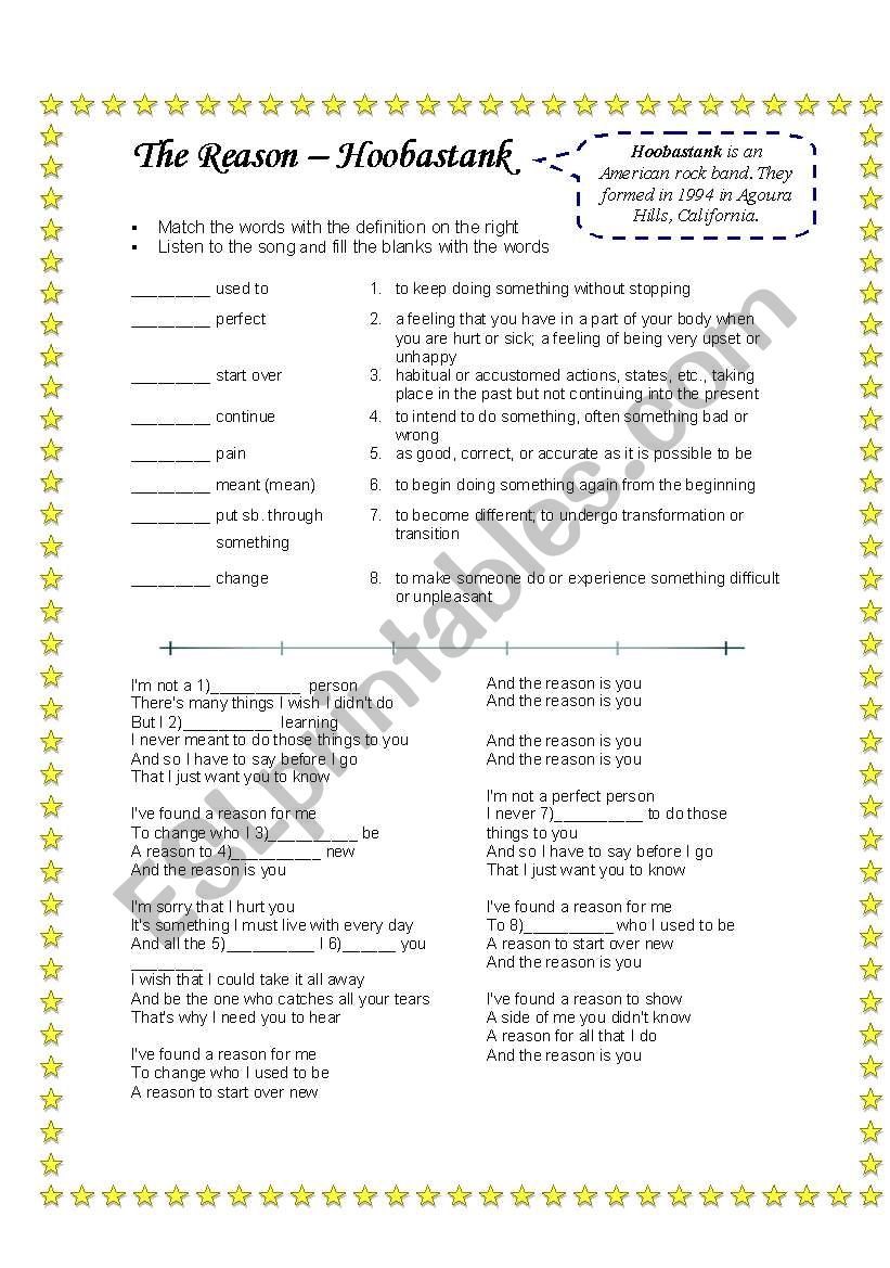 Song: The Reason by Hoobastank and word/definition match