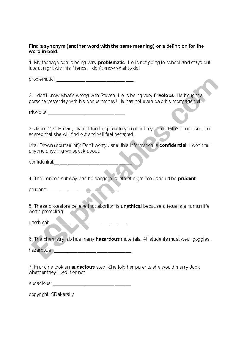 vocabulary worksheet