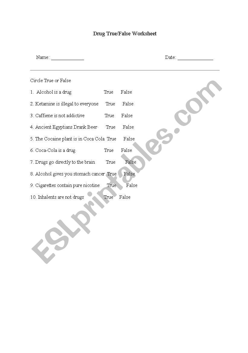 Drug quiz worksheet