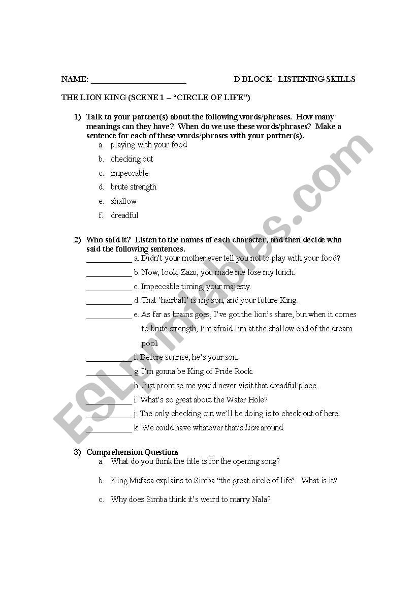 The Lion King - part I worksheet