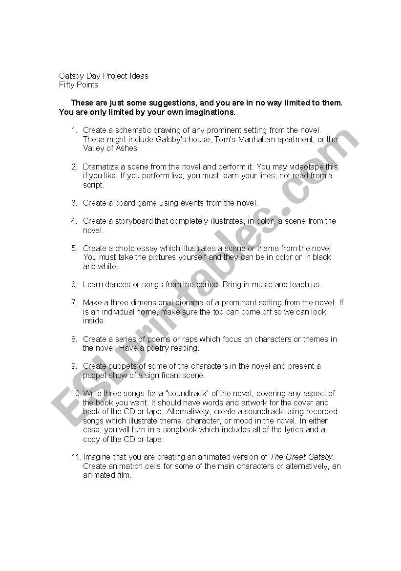 Gatsby Day Project Ideas worksheet
