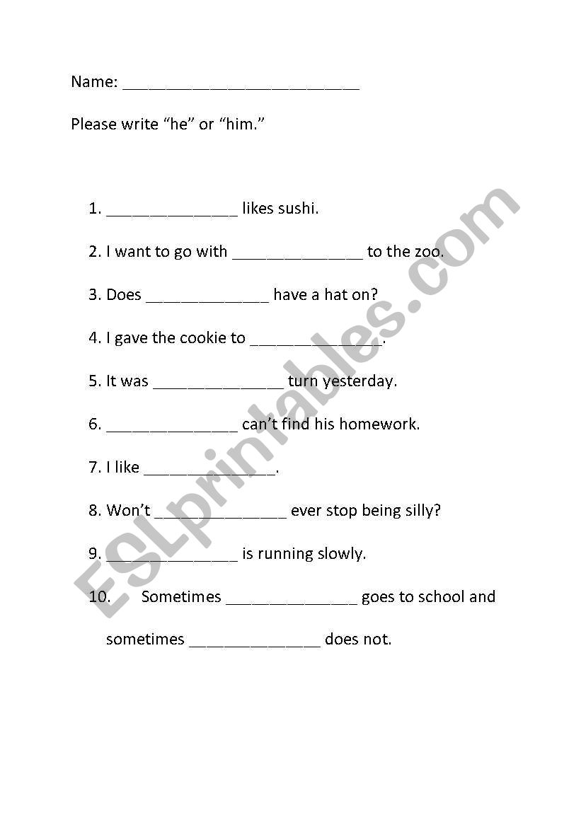 He or Him? worksheet