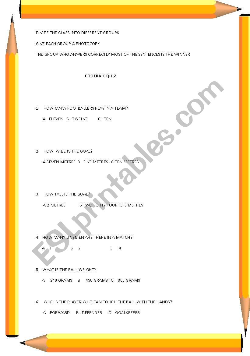 FOOTBALL QUIZ worksheet