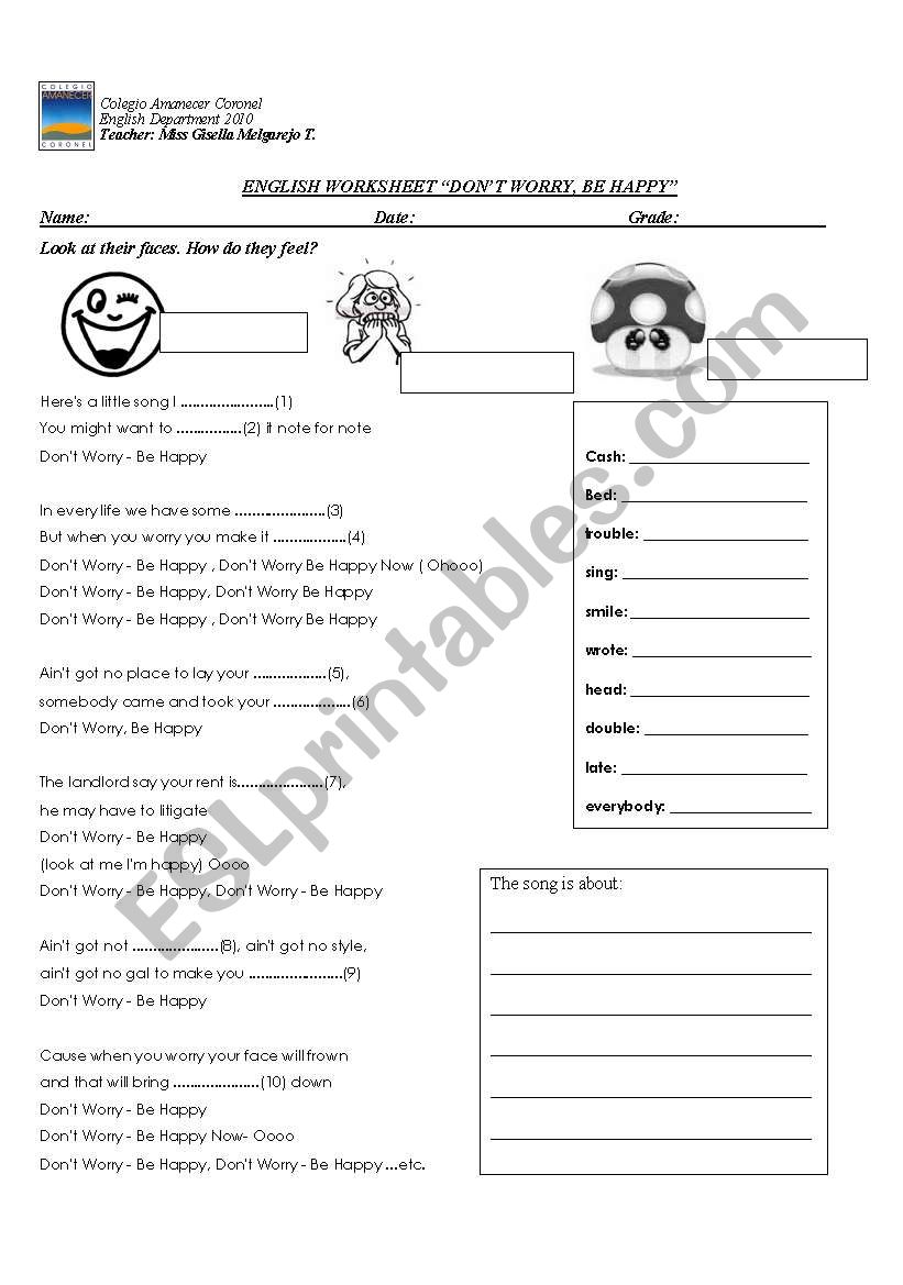 donīt worry, be happy worksheet donīt worry, be happy worksheet