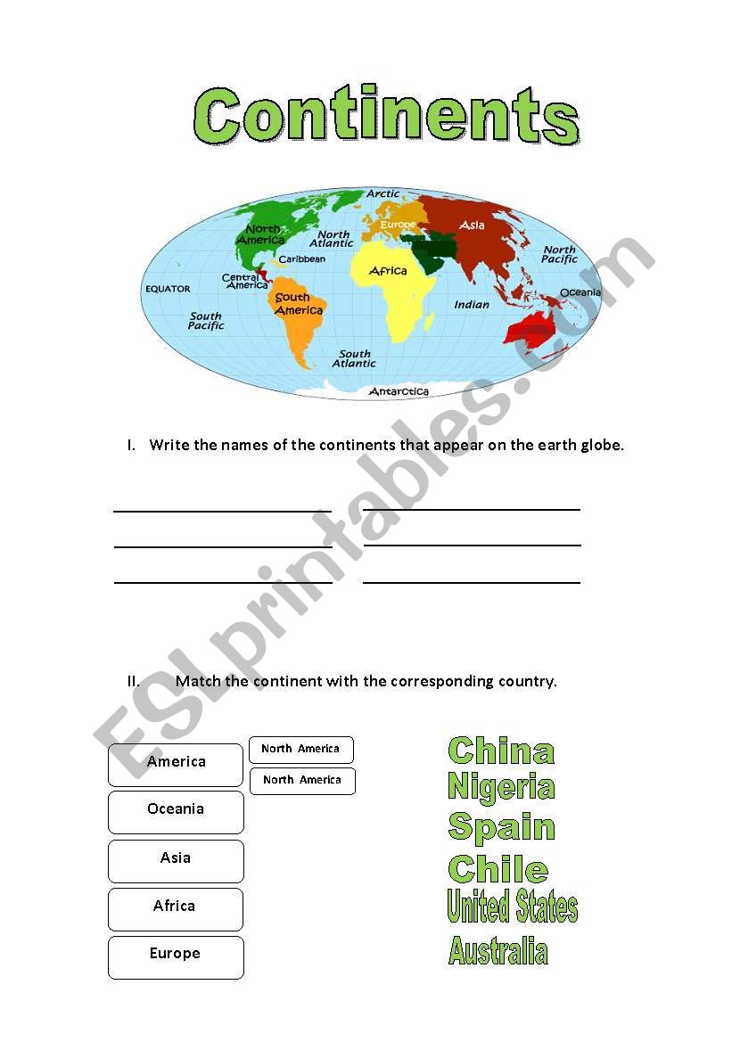 Continents worksheet