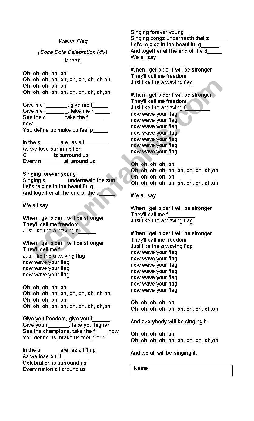 SONG WAVING FLAG worksheet