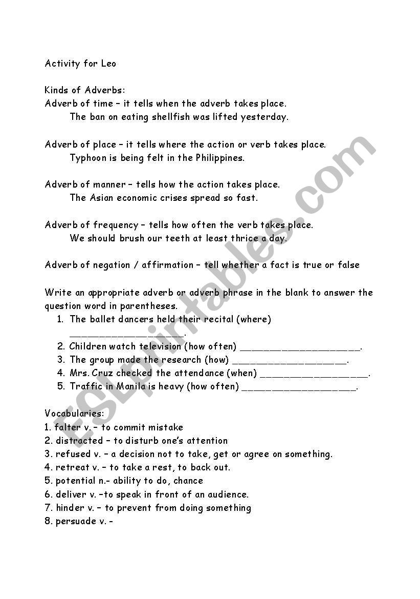 Kinds of Adverbs worksheet