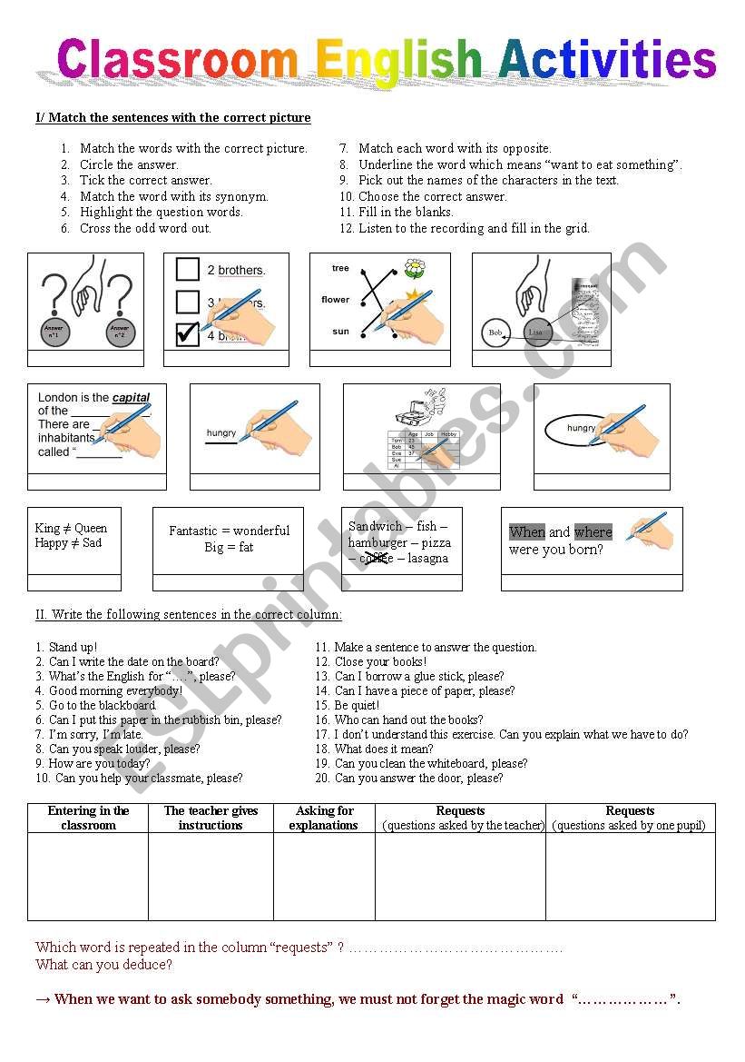 CLASSROOM ENGLISH WORKSHEET + a key to understand instructions in English + homework