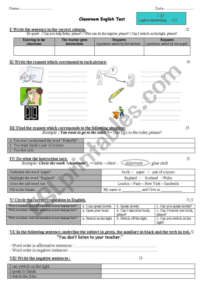 CLASSROOM ENGLISH TEST worksheet