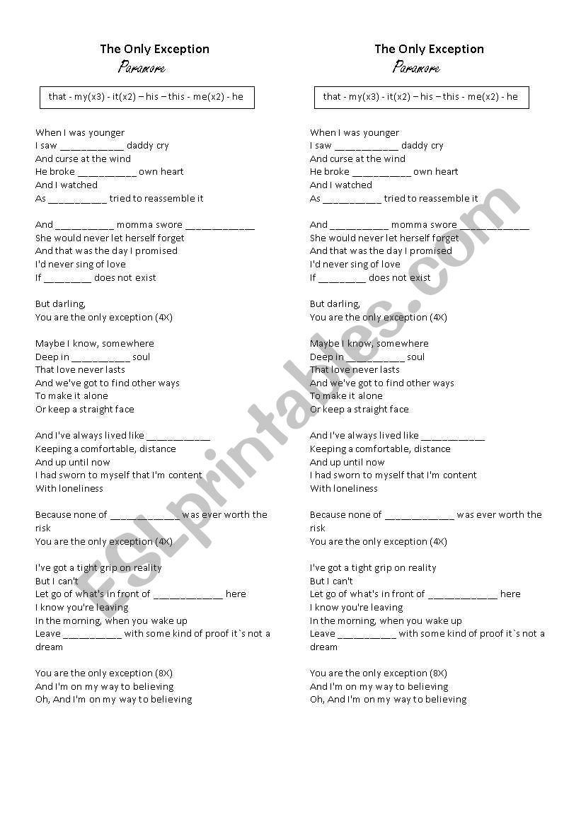 Song The Only Exception worksheet