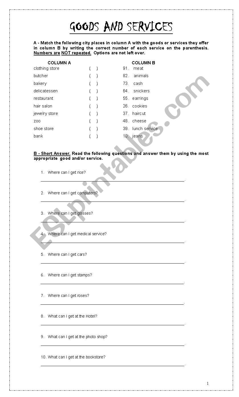 GOODS AND SERVICES worksheet