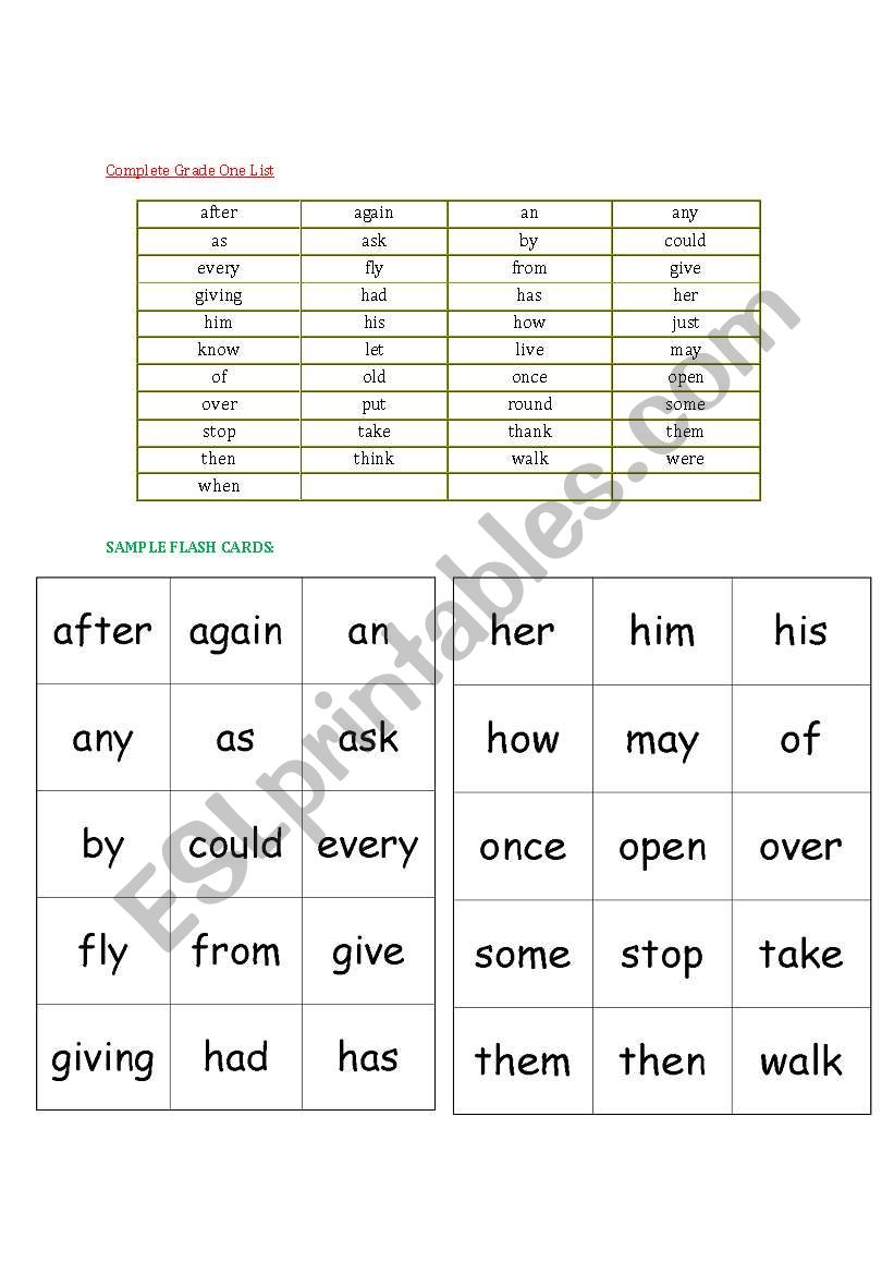 Dolch Grade One worksheet