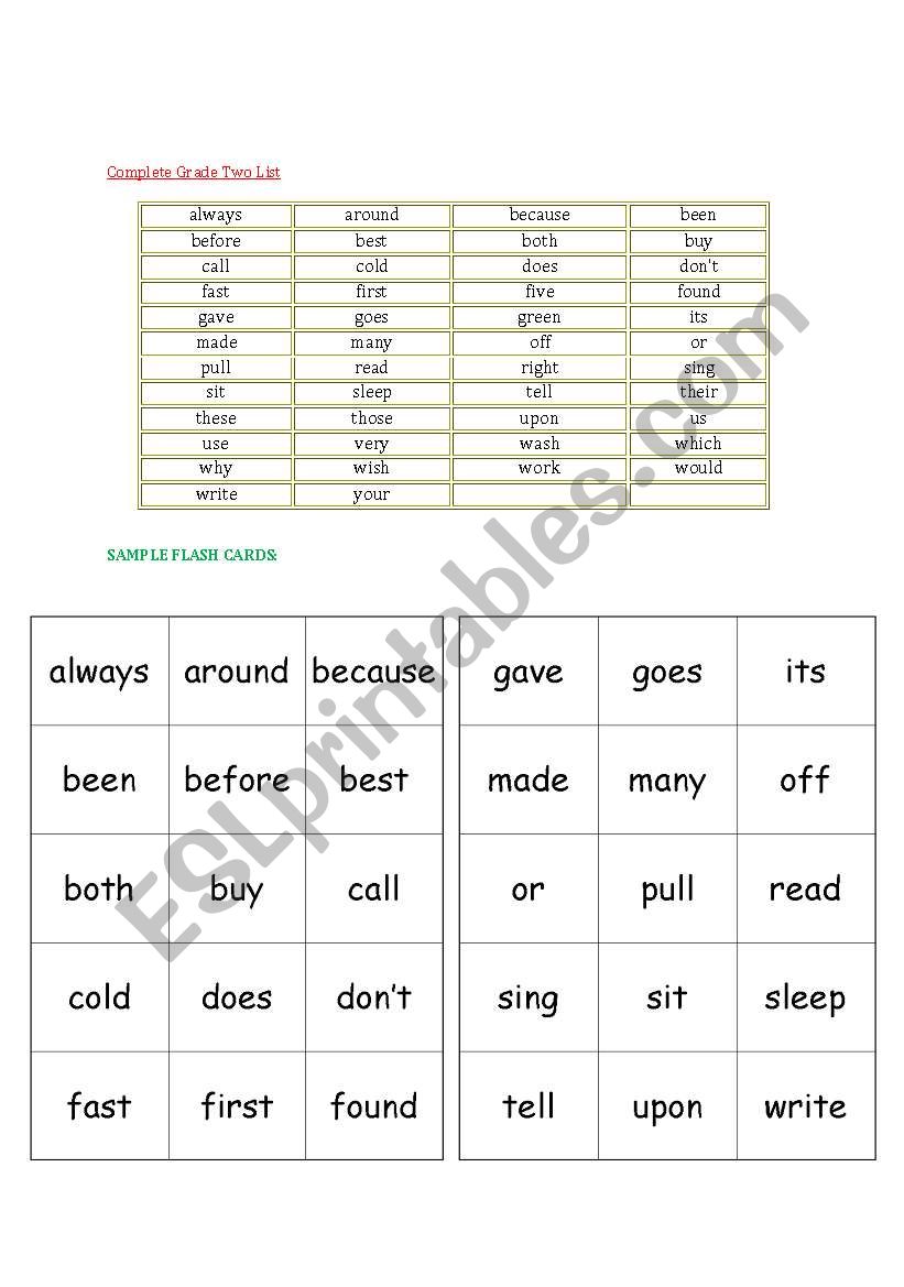Dolch Grade Two worksheet