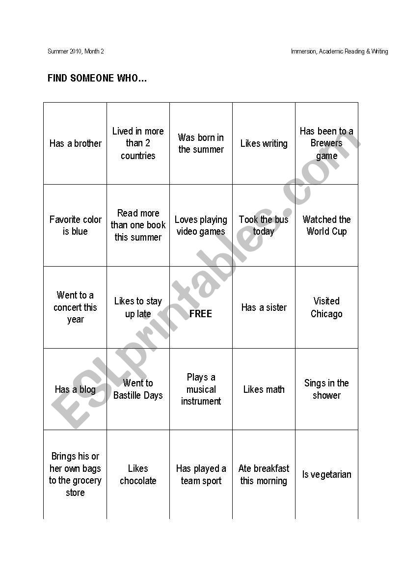 intro bingo worksheet