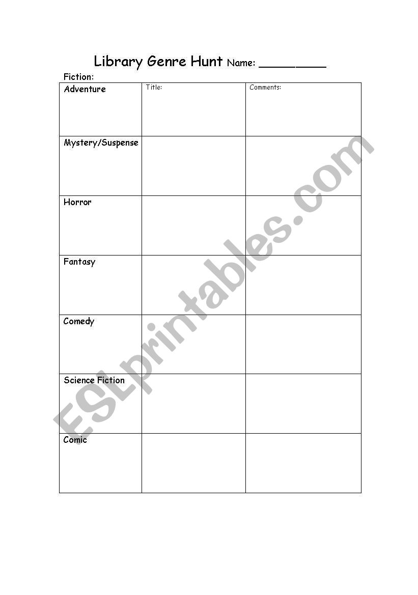 Library Genre Hunt worksheet