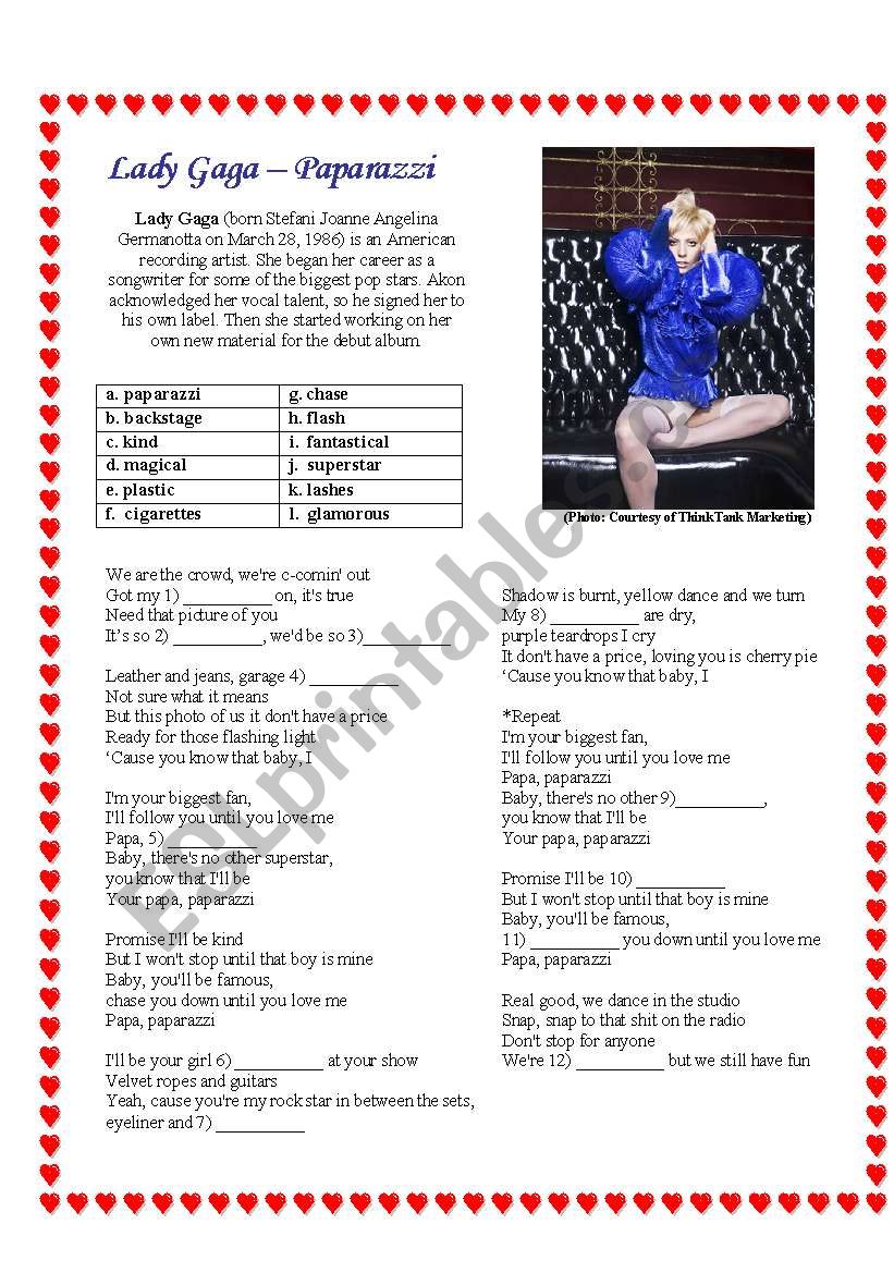 Song: Paparazzi by Lady Gaga worksheet