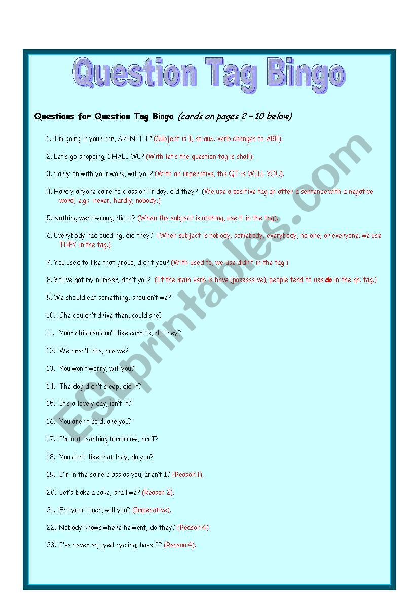 Question Tag Bingo worksheet