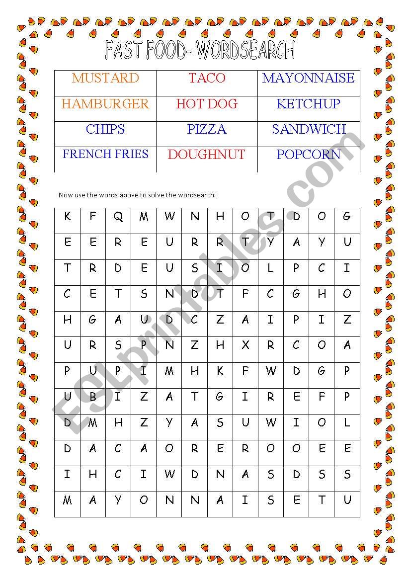 FAST FOOD - WORDSEARCH - FULLY EDITABLE WITH ANSWER KEY