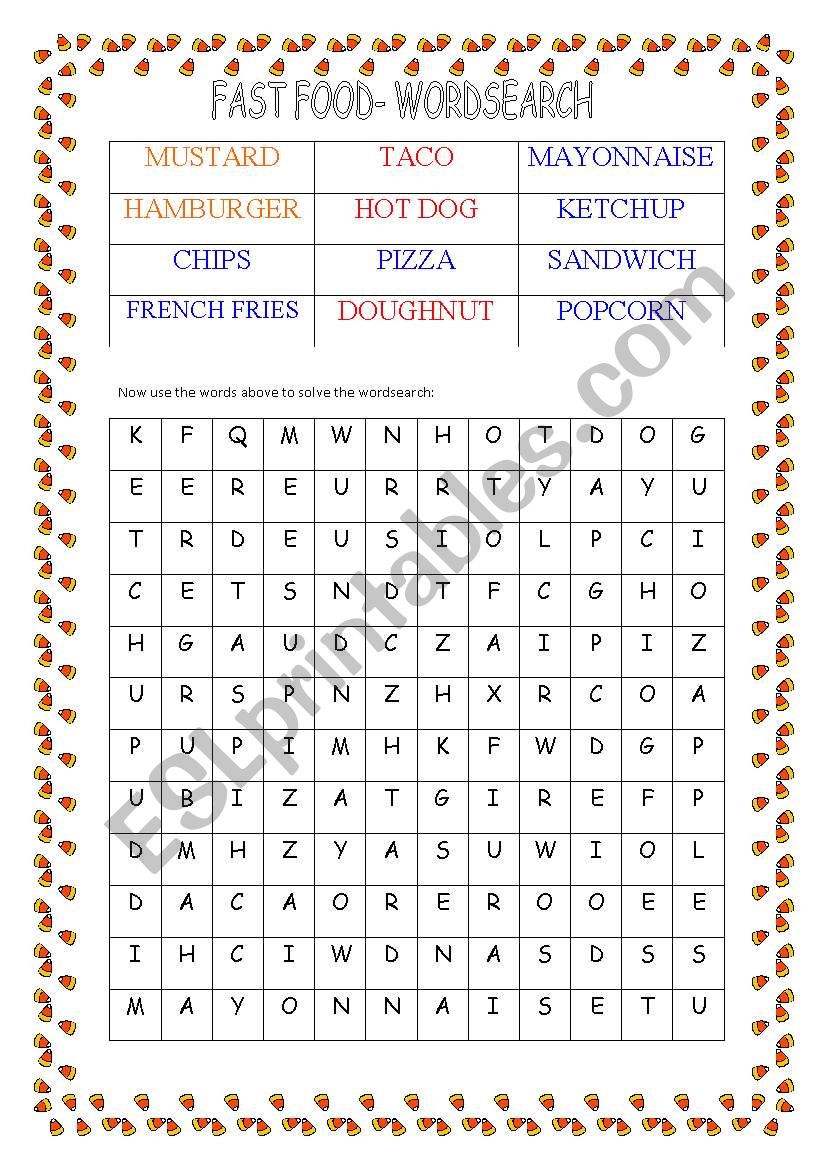 FAST FOOD - WORDSEARCH - FULLY EDITABLE WITH ANSWER KEY