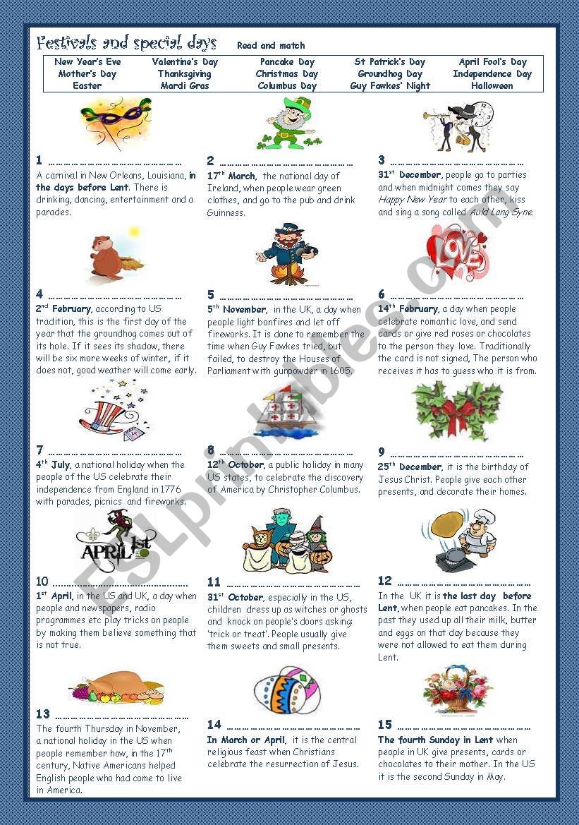 Festivals and special days - ESL worksheet by Blanca