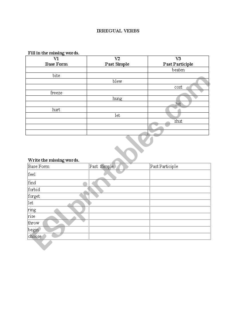 Irregular Verbs worksheet