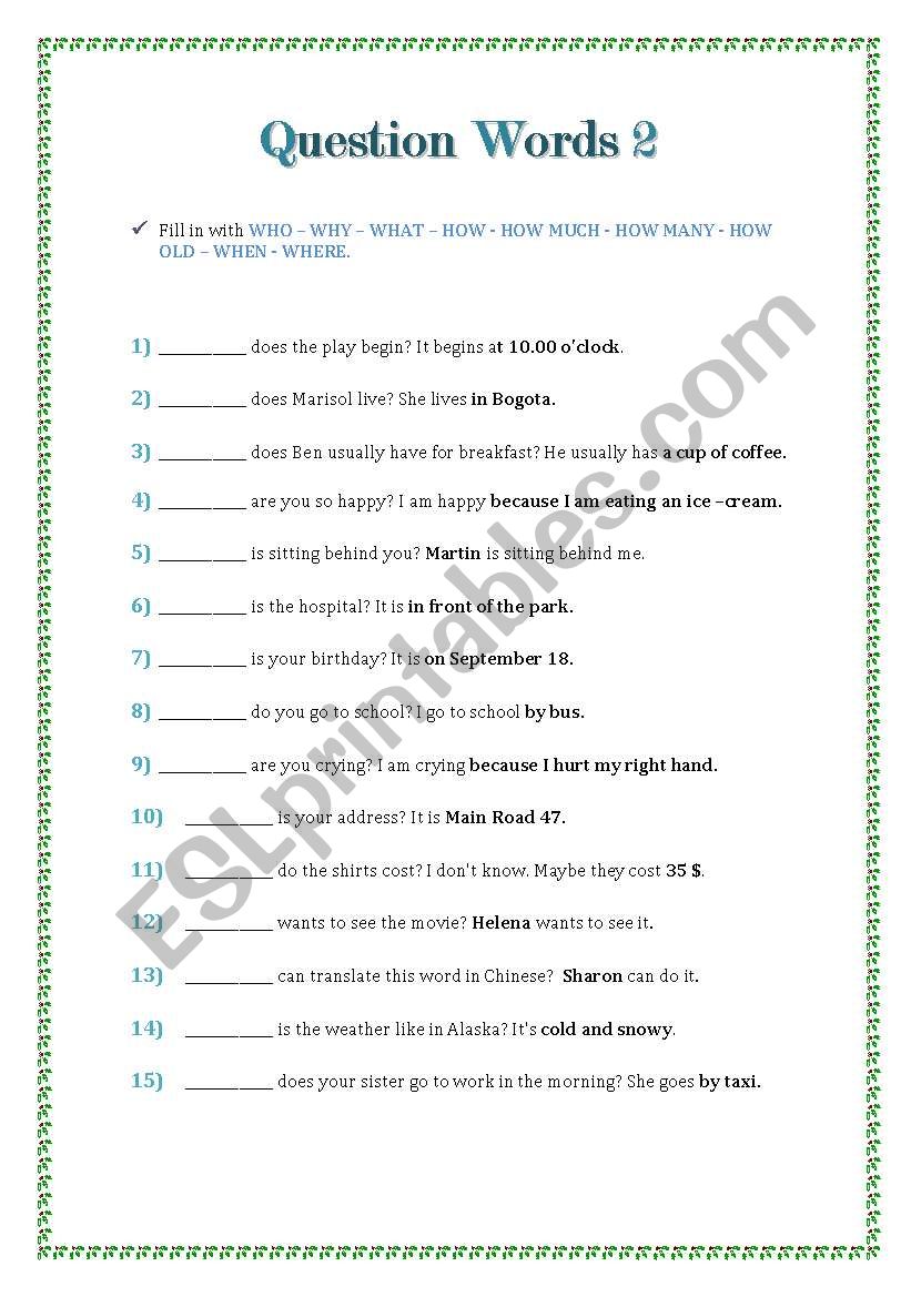 Question words 2 worksheet