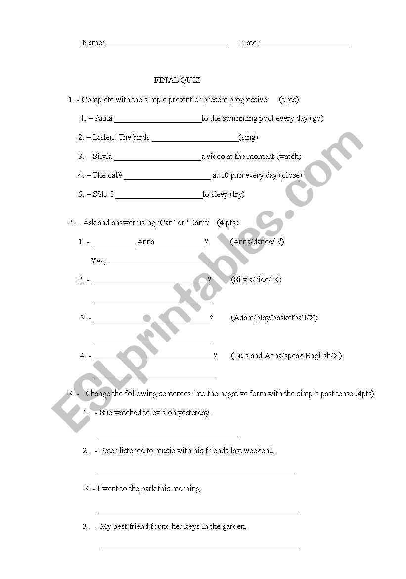 Quiz for elementary level worksheet