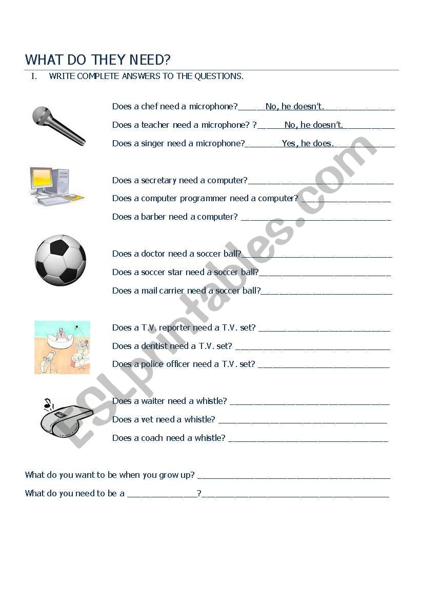 What do they need? worksheet