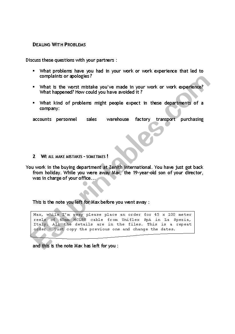 Dealing with problems worksheet
