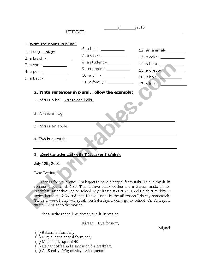 PLURAL AND CAN/CANNOT - TEST worksheet