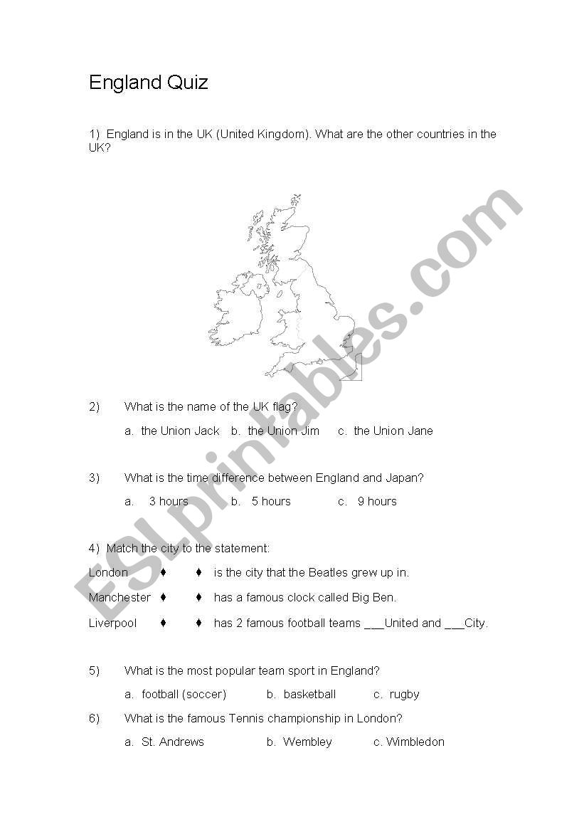 England Quiz - Long version worksheet